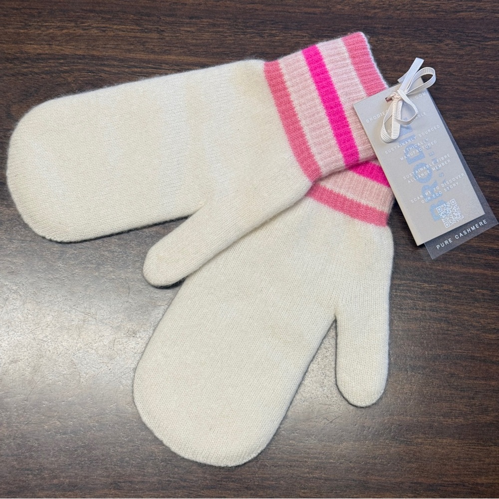 Brodie Cashmere Mittens in Ivory with Pink Stripes  NWT